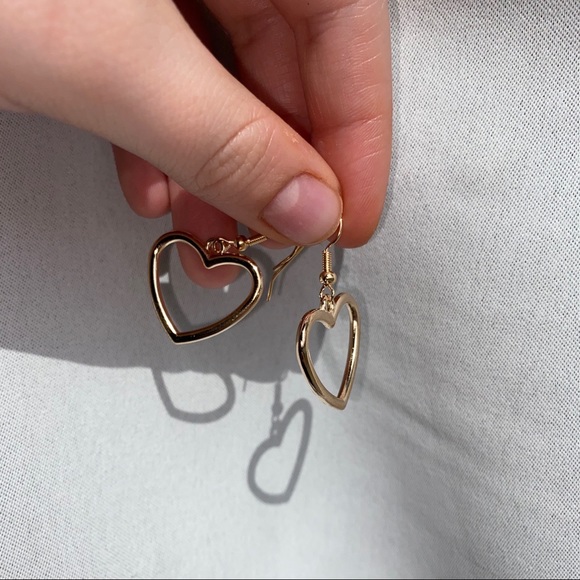 Gold Heart Shaped Drop Earrings - Picture 2 of 5